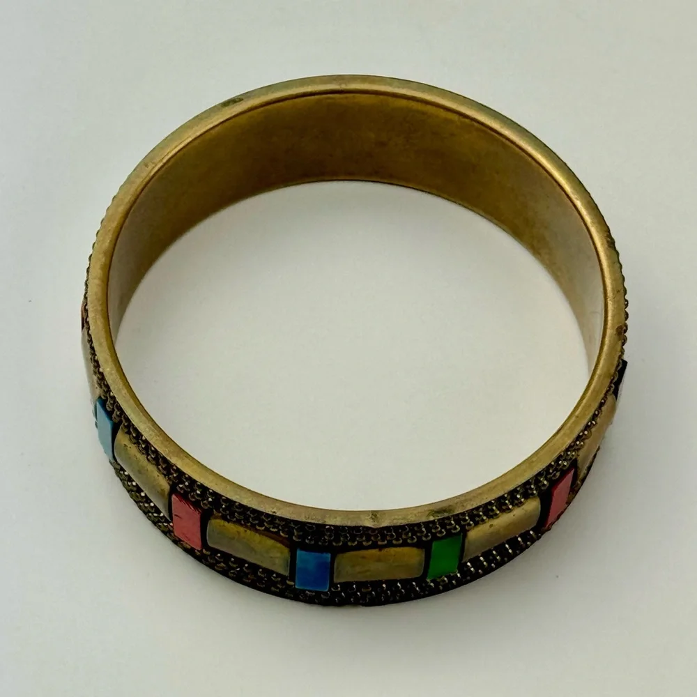 Unique Vintage 80s‎ - Early 90s Brass Colorful Beaded Thick Bangle Bracelet